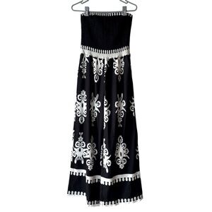 Black White Strapless Jumpsuit Women’s L Smocked Bodice Wide Leg Boho Resort